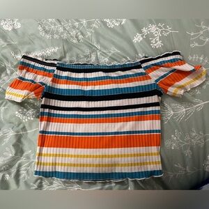 Multicolor striped off the shoulder crop top.